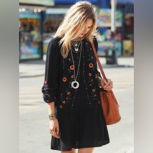 Sezane Elise Embroidered Black Mini Dress Long Sleeve Boho US 6